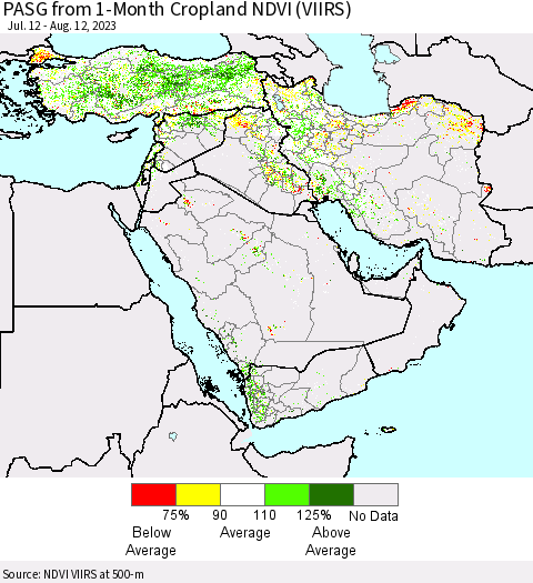 Middle East and Turkey PASG from 1-Month Cropland NDVI (VIIRS) Thematic Map For 8/5/2023 - 8/12/2023