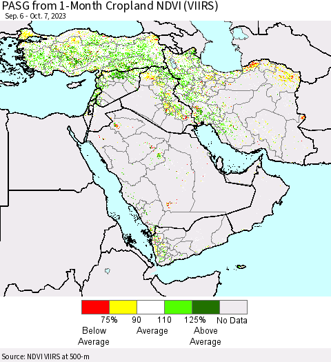 Middle East and Turkey PASG from 1-Month Cropland NDVI (VIIRS) Thematic Map For 9/30/2023 - 10/7/2023