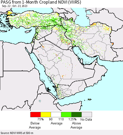 Middle East and Turkey PASG from 1-Month Cropland NDVI (VIIRS) Thematic Map For 10/16/2023 - 10/23/2023