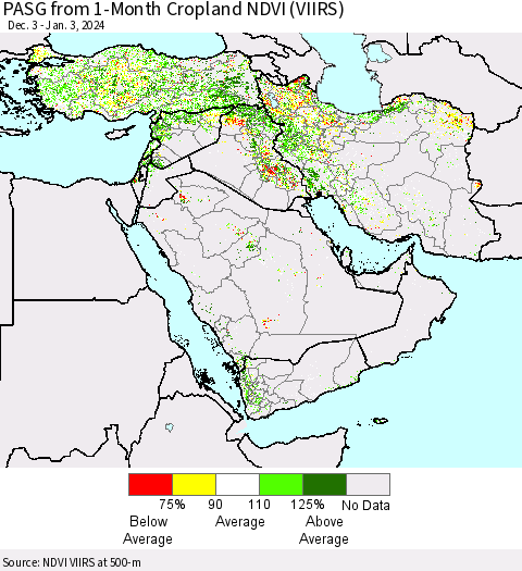 Middle East and Turkey PASG from 1-Month Cropland NDVI (VIIRS) Thematic Map For 12/27/2023 - 1/3/2024