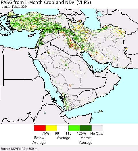 Middle East and Turkey PASG from 1-Month Cropland NDVI (VIIRS) Thematic Map For 1/25/2024 - 2/1/2024