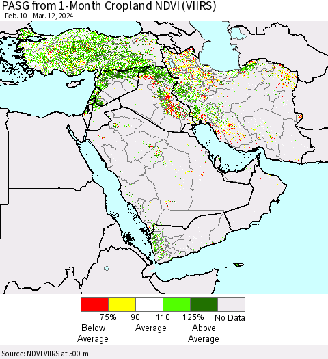 Middle East and Turkey PASG from 1-Month Cropland NDVI (VIIRS) Thematic Map For 3/5/2024 - 3/12/2024