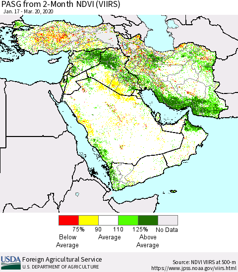 Middle East and Turkey PASG from 2-Month NDVI (VIIRS) Thematic Map For 3/11/2020 - 3/20/2020