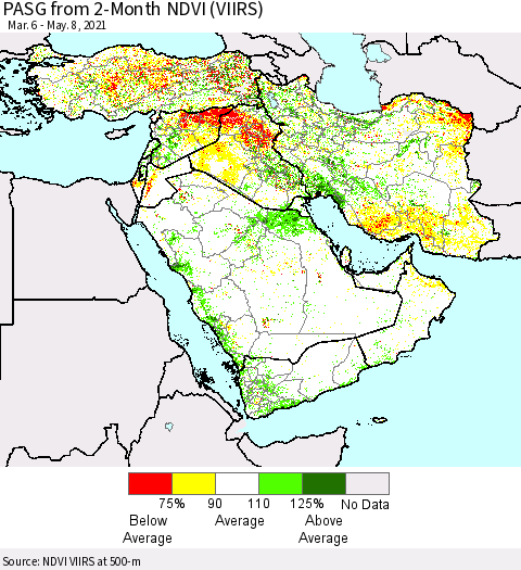 Middle East and Turkey PASG from 2-Month NDVI (VIIRS) Thematic Map For 5/1/2021 - 5/8/2021