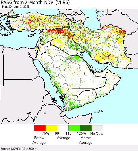 Middle East and Turkey PASG from 2-Month NDVI (VIIRS) Thematic Map For 5/25/2021 - 6/1/2021
