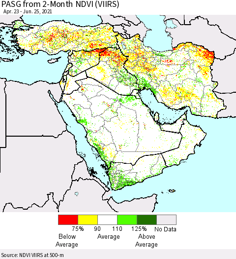 Middle East and Turkey PASG from 2-Month NDVI (VIIRS) Thematic Map For 6/18/2021 - 6/25/2021