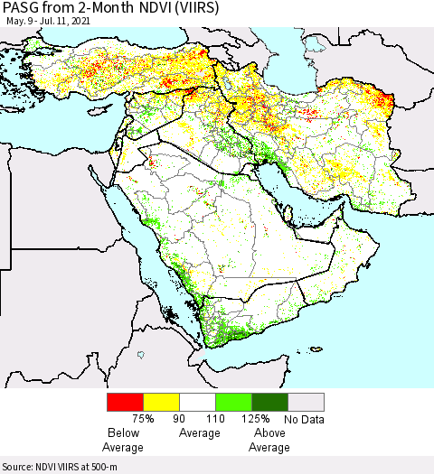 Middle East and Turkey PASG from 2-Month NDVI (VIIRS) Thematic Map For 7/4/2021 - 7/11/2021