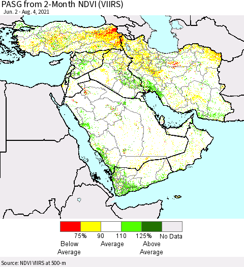 Middle East and Turkey PASG from 2-Month NDVI (VIIRS) Thematic Map For 7/28/2021 - 8/4/2021