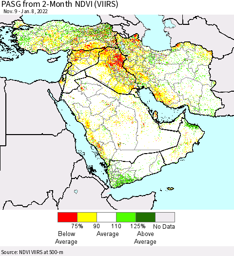 Middle East and Turkey PASG from 2-Month NDVI (VIIRS) Thematic Map For 1/1/2022 - 1/8/2022