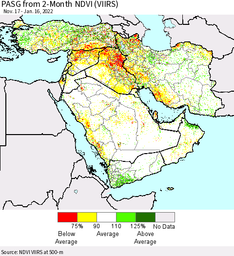 Middle East and Turkey PASG from 2-Month NDVI (VIIRS) Thematic Map For 1/9/2022 - 1/16/2022