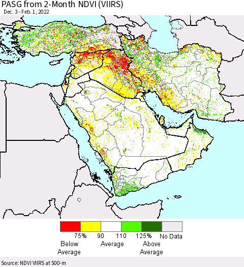 Middle East and Turkey PASG from 2-Month NDVI (VIIRS) Thematic Map For 1/25/2022 - 2/1/2022