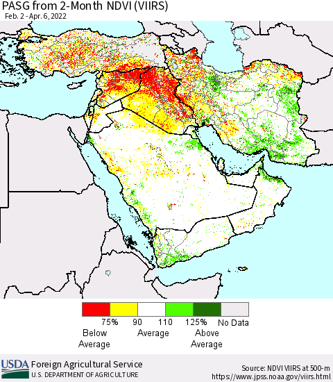 Middle East and Turkey PASG from 2-Month NDVI (VIIRS) Thematic Map For 4/1/2022 - 4/10/2022