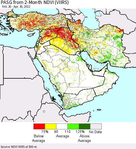 Middle East and Turkey PASG from 2-Month NDVI (VIIRS) Thematic Map For 4/23/2022 - 4/30/2022