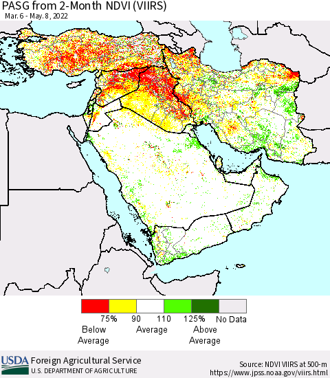 Middle East and Turkey PASG from 2-Month NDVI (VIIRS) Thematic Map For 5/1/2022 - 5/10/2022