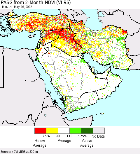 Middle East and Turkey PASG from 2-Month NDVI (VIIRS) Thematic Map For 5/9/2022 - 5/16/2022