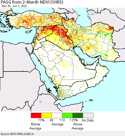 Middle East and Turkey PASG from 2-Month NDVI (VIIRS) Thematic Map For 5/25/2022 - 6/1/2022