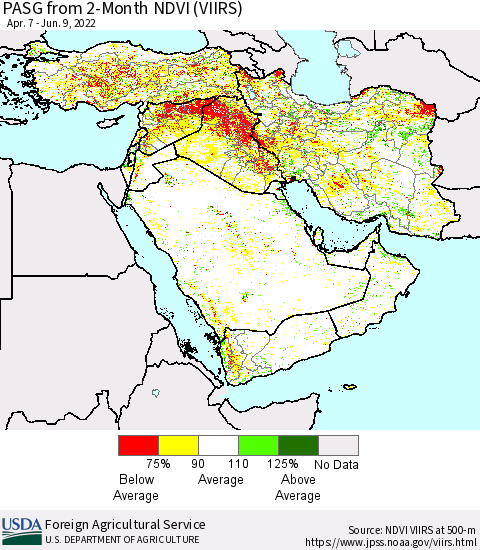 Middle East and Turkey PASG from 2-Month NDVI (VIIRS) Thematic Map For 6/1/2022 - 6/10/2022
