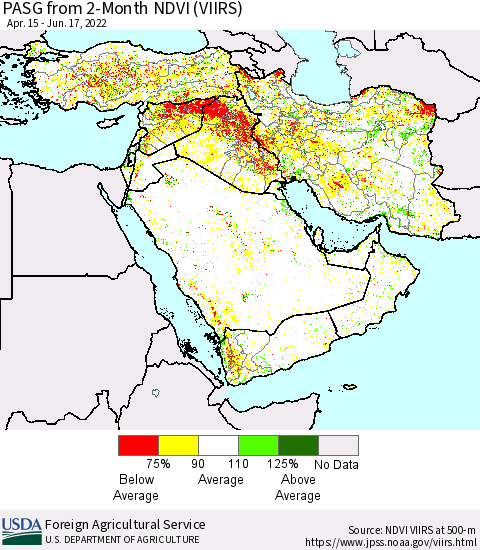 Middle East and Turkey PASG from 2-Month NDVI (VIIRS) Thematic Map For 6/11/2022 - 6/20/2022