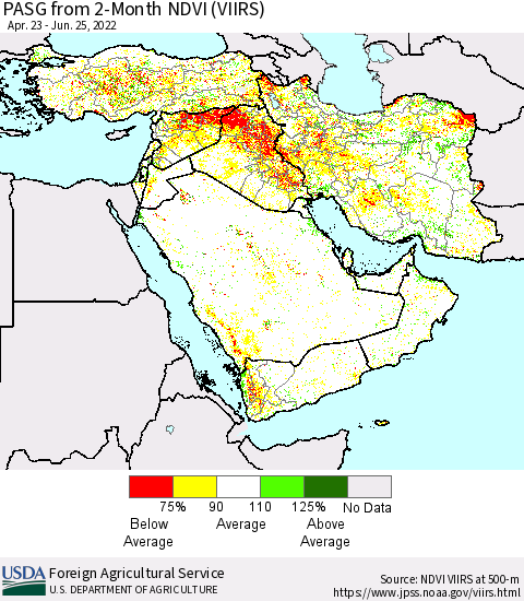 Middle East and Turkey PASG from 2-Month NDVI (VIIRS) Thematic Map For 6/21/2022 - 6/30/2022