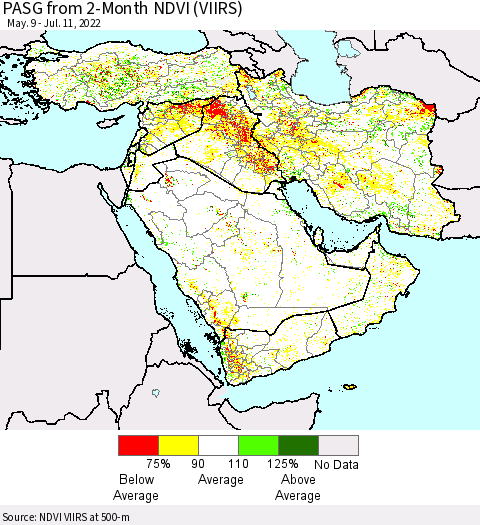Middle East and Turkey PASG from 2-Month NDVI (VIIRS) Thematic Map For 7/4/2022 - 7/11/2022