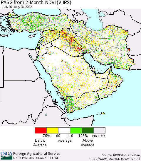 Middle East and Turkey PASG from 2-Month NDVI (VIIRS) Thematic Map For 8/21/2022 - 8/31/2022