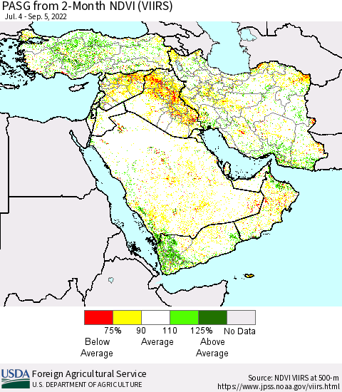 Middle East and Turkey PASG from 2-Month NDVI (VIIRS) Thematic Map For 9/1/2022 - 9/10/2022