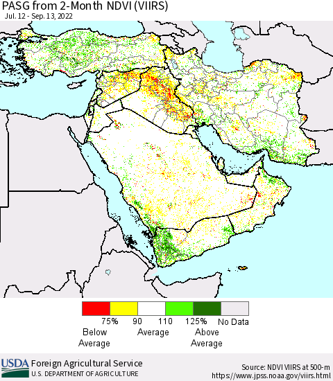 Middle East and Turkey PASG from 2-Month NDVI (VIIRS) Thematic Map For 9/11/2022 - 9/20/2022