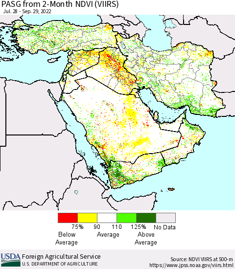 Middle East and Turkey PASG from 2-Month NDVI (VIIRS) Thematic Map For 9/21/2022 - 9/30/2022