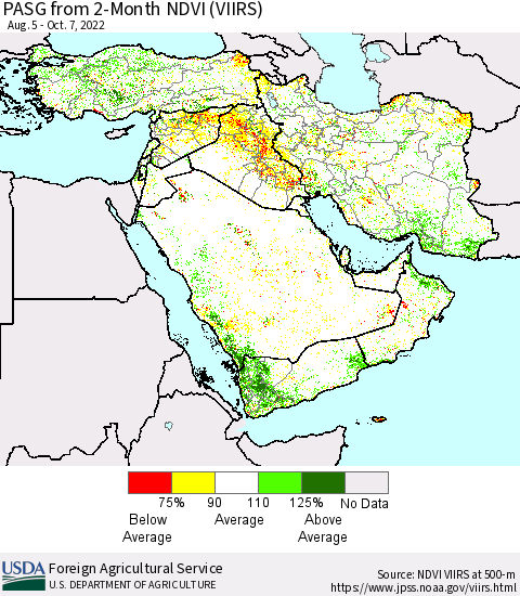 Middle East and Turkey PASG from 2-Month NDVI (VIIRS) Thematic Map For 10/1/2022 - 10/10/2022