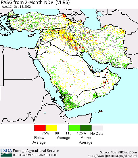 Middle East and Turkey PASG from 2-Month NDVI (VIIRS) Thematic Map For 10/11/2022 - 10/20/2022