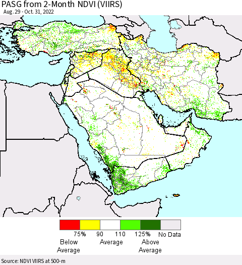 Middle East and Turkey PASG from 2-Month NDVI (VIIRS) Thematic Map For 10/21/2022 - 10/31/2022