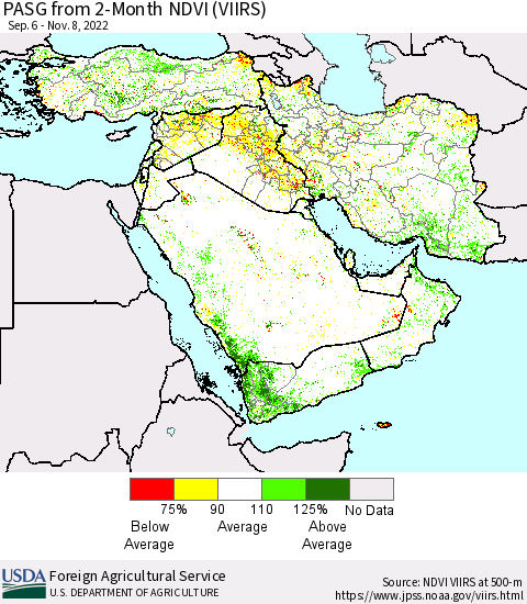 Middle East and Turkey PASG from 2-Month NDVI (VIIRS) Thematic Map For 11/1/2022 - 11/10/2022