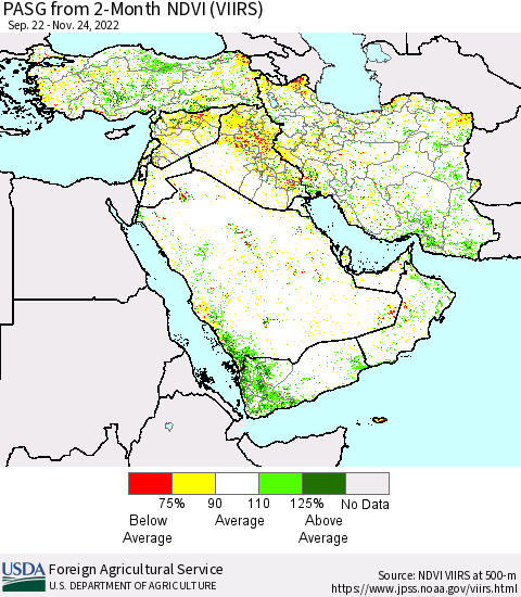 Middle East and Turkey PASG from 2-Month NDVI (VIIRS) Thematic Map For 11/21/2022 - 11/30/2022