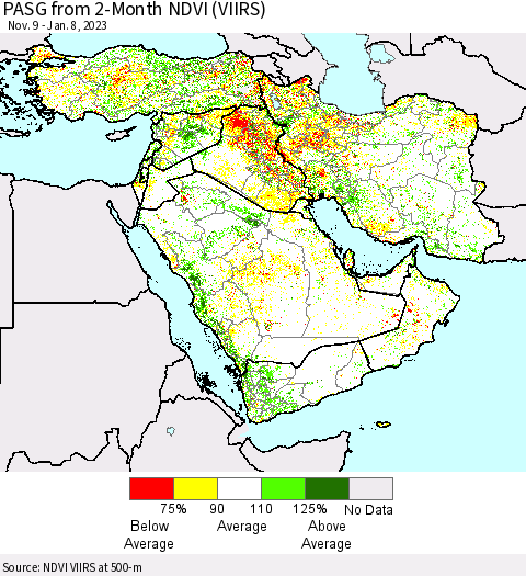 Middle East and Turkey PASG from 2-Month NDVI (VIIRS) Thematic Map For 1/1/2023 - 1/8/2023