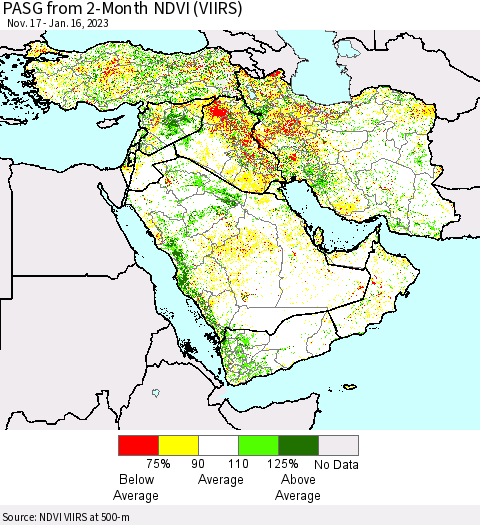 Middle East and Turkey PASG from 2-Month NDVI (VIIRS) Thematic Map For 1/9/2023 - 1/16/2023