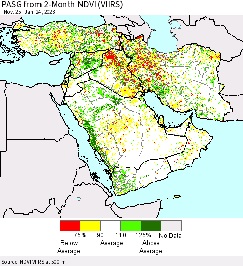 Middle East and Turkey PASG from 2-Month NDVI (VIIRS) Thematic Map For 1/17/2023 - 1/24/2023