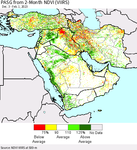 Middle East and Turkey PASG from 2-Month NDVI (VIIRS) Thematic Map For 1/25/2023 - 2/1/2023