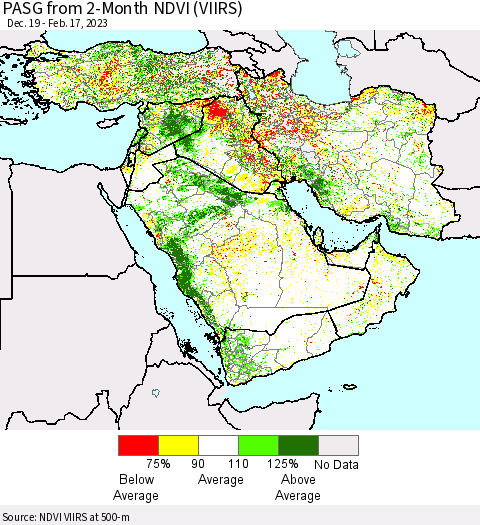 Middle East and Turkey PASG from 2-Month NDVI (VIIRS) Thematic Map For 2/10/2023 - 2/17/2023