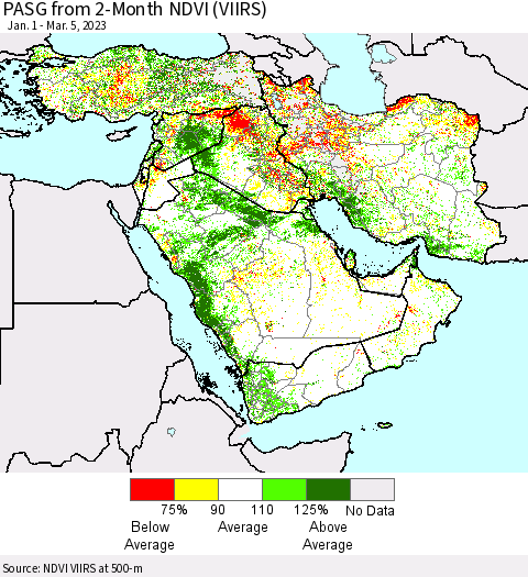 Middle East and Turkey PASG from 2-Month NDVI (VIIRS) Thematic Map For 2/26/2023 - 3/5/2023