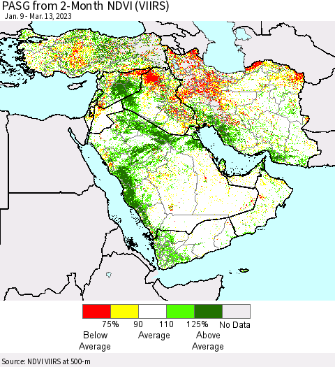 Middle East and Turkey PASG from 2-Month NDVI (VIIRS) Thematic Map For 3/6/2023 - 3/13/2023