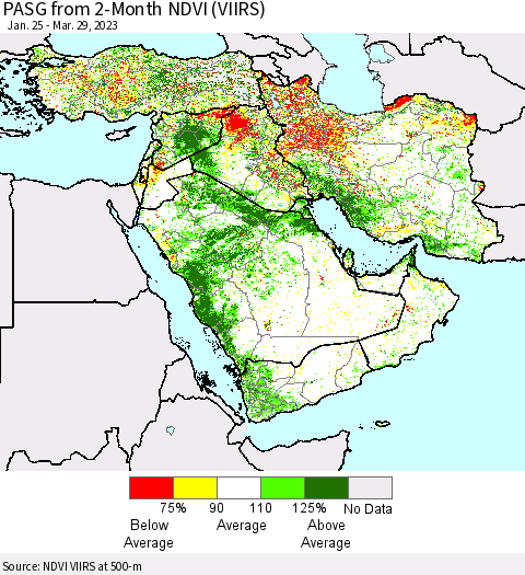 Middle East and Turkey PASG from 2-Month NDVI (VIIRS) Thematic Map For 3/22/2023 - 3/29/2023