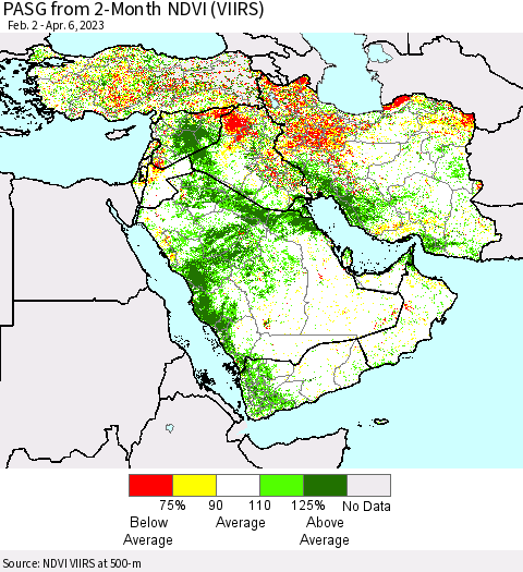 Middle East and Turkey PASG from 2-Month NDVI (VIIRS) Thematic Map For 3/30/2023 - 4/6/2023