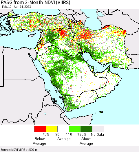 Middle East and Turkey PASG from 2-Month NDVI (VIIRS) Thematic Map For 4/7/2023 - 4/14/2023