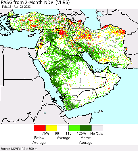 Middle East and Turkey PASG from 2-Month NDVI (VIIRS) Thematic Map For 4/15/2023 - 4/22/2023