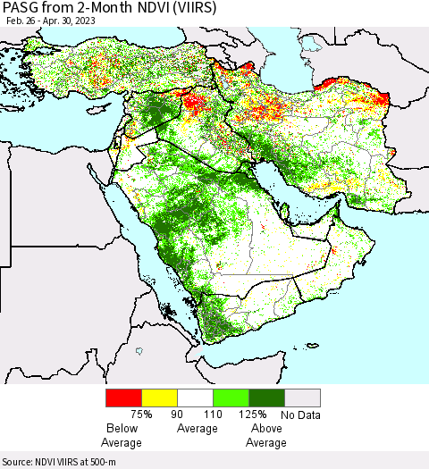 Middle East and Turkey PASG from 2-Month NDVI (VIIRS) Thematic Map For 4/23/2023 - 4/30/2023