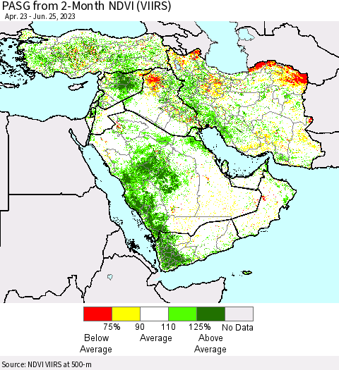 Middle East and Turkey PASG from 2-Month NDVI (VIIRS) Thematic Map For 6/18/2023 - 6/25/2023