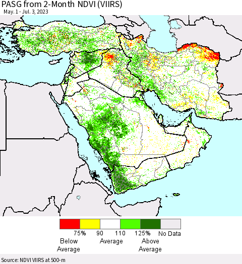 Middle East and Turkey PASG from 2-Month NDVI (VIIRS) Thematic Map For 6/26/2023 - 7/3/2023