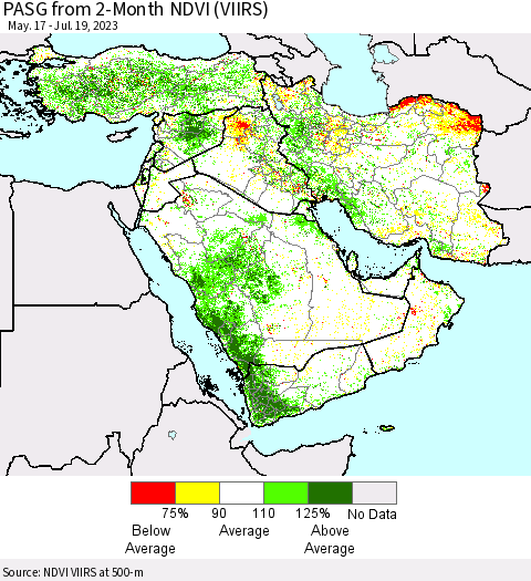 Middle East and Turkey PASG from 2-Month NDVI (VIIRS) Thematic Map For 7/12/2023 - 7/19/2023