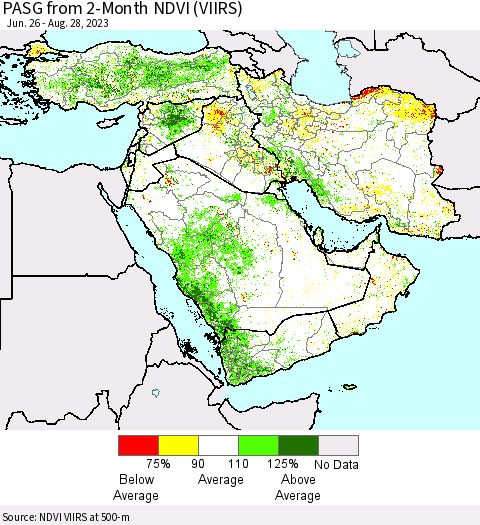 Middle East and Turkey PASG from 2-Month NDVI (VIIRS) Thematic Map For 8/21/2023 - 8/28/2023