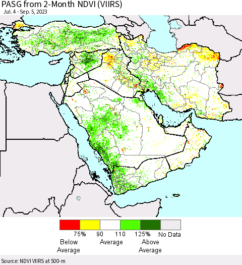 Middle East and Turkey PASG from 2-Month NDVI (VIIRS) Thematic Map For 8/29/2023 - 9/5/2023